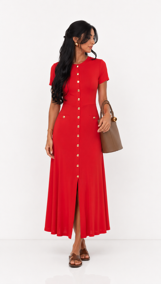 Red Button Detail Midi Dress