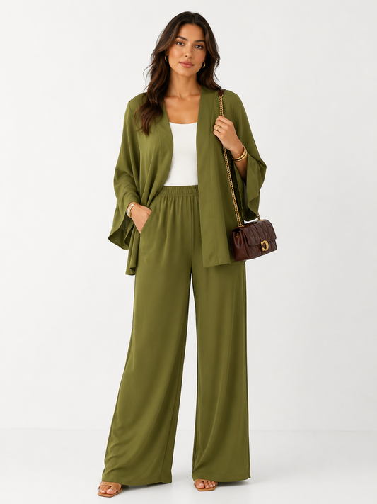 Olive Green Kimono & Wide Leg Pants Set