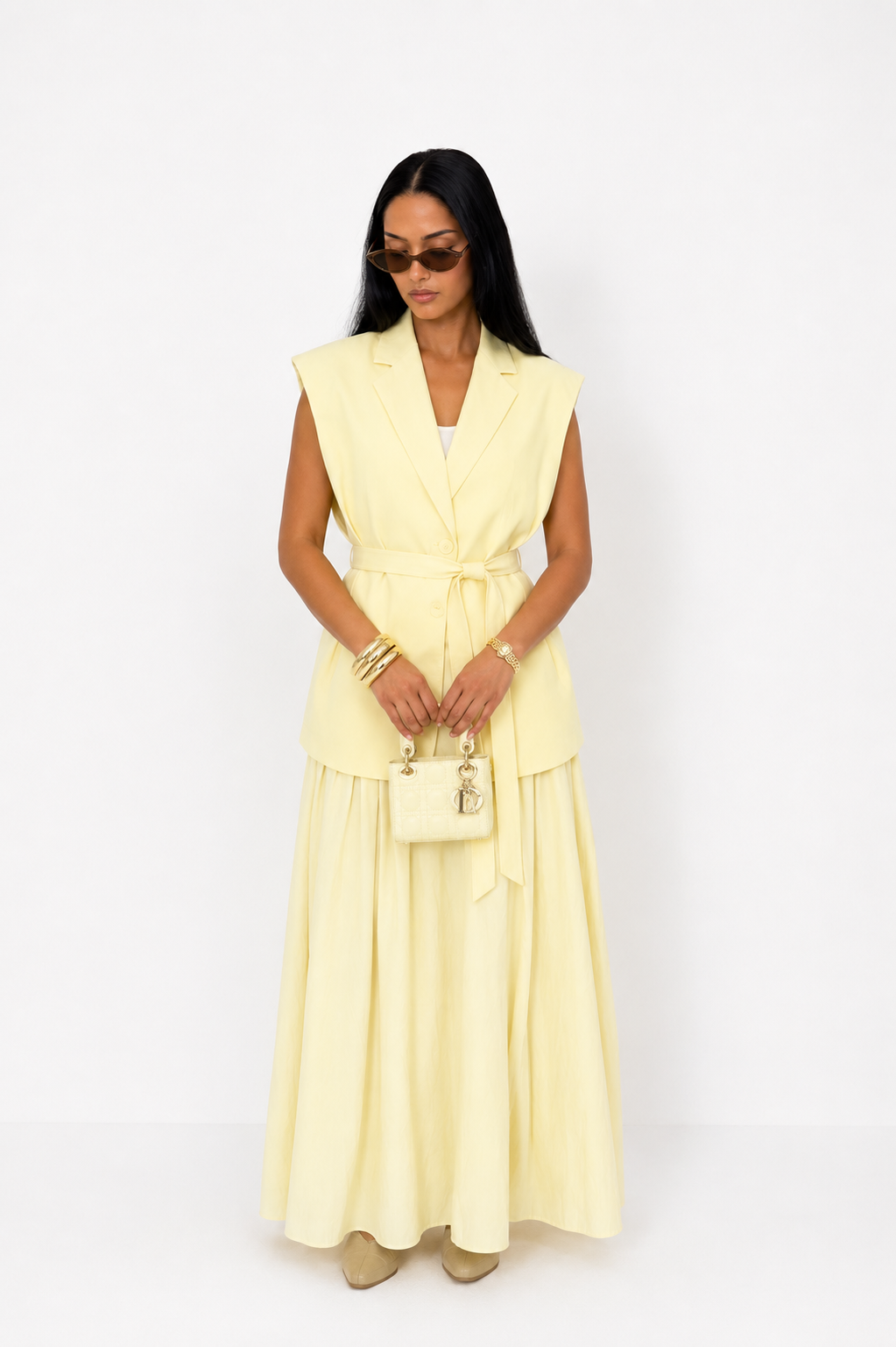 Yellow Belted Vest Skirt Set