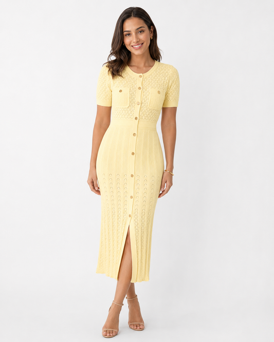 Soft Yellow Textured Midi Dress